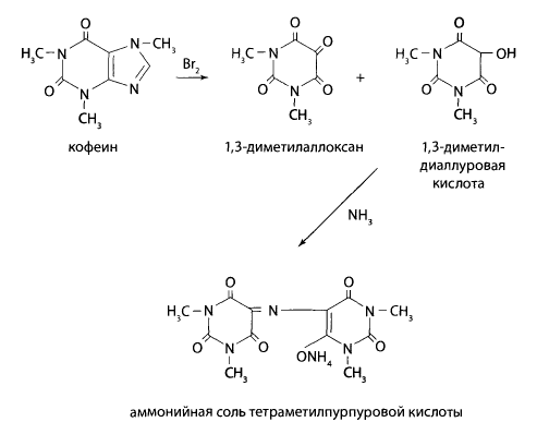 Реакция образования. Реакция образования мурексида. Реакция образования мурексида из кофеина. Аммонийная соль тетраметилпурпуровой кислоты. Аммониевая соль пурпурной кислоты мурексида.