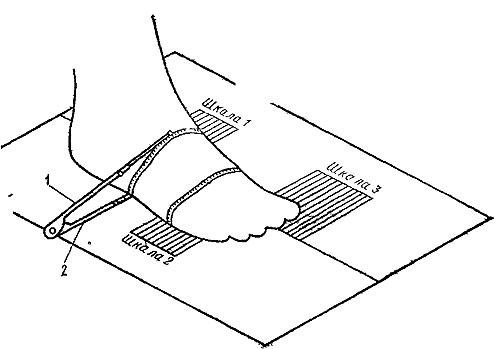 Измерение высотных параметров стопы: 1 – верхняя удлиненная игла; 2 – нижняя игла располагаемая параллельно плоскости опоры